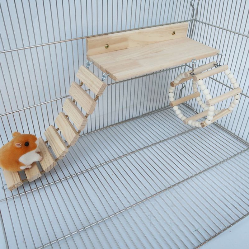 3Pcs Houten Hamster Platform Klimmen Ladder Swing Play Set Vogel Papegaai Zitstokken Speelgoed Kleine Huisdier Kooi Oefening Speelgoed Sky wiel C42