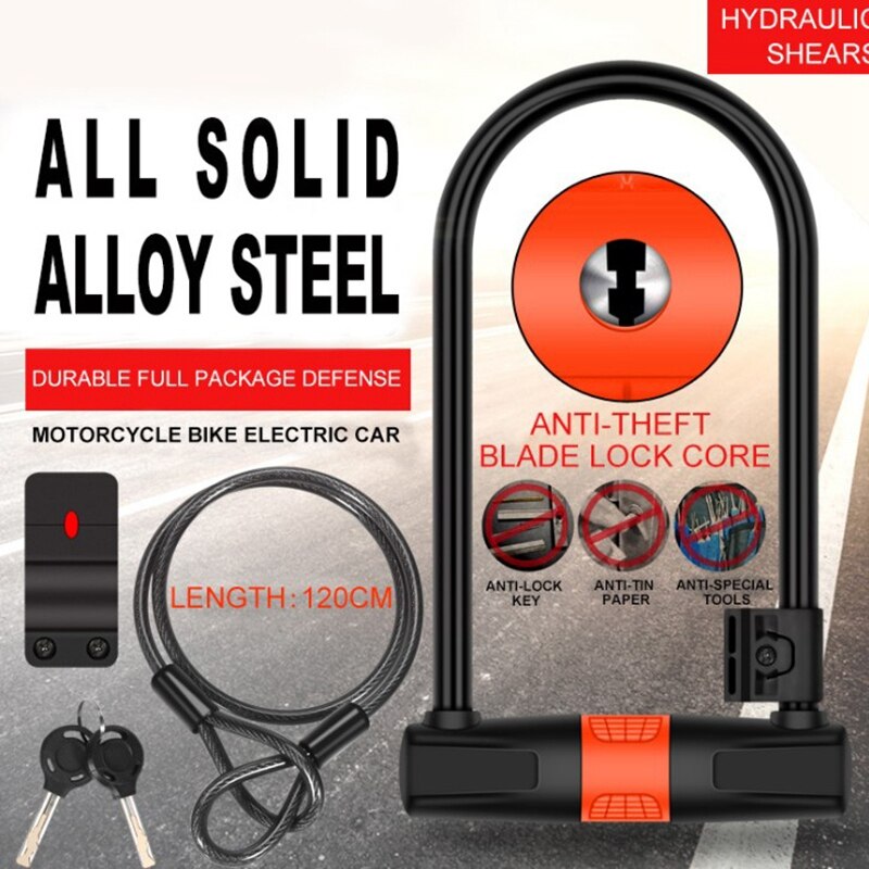 Bicycle U-Lock with Cable,Alloy Steel Cable Lock and Cable, U-Lock, Bicycle Battery Car, Motorcycle Car Lock, Anti-Theft Lock, A