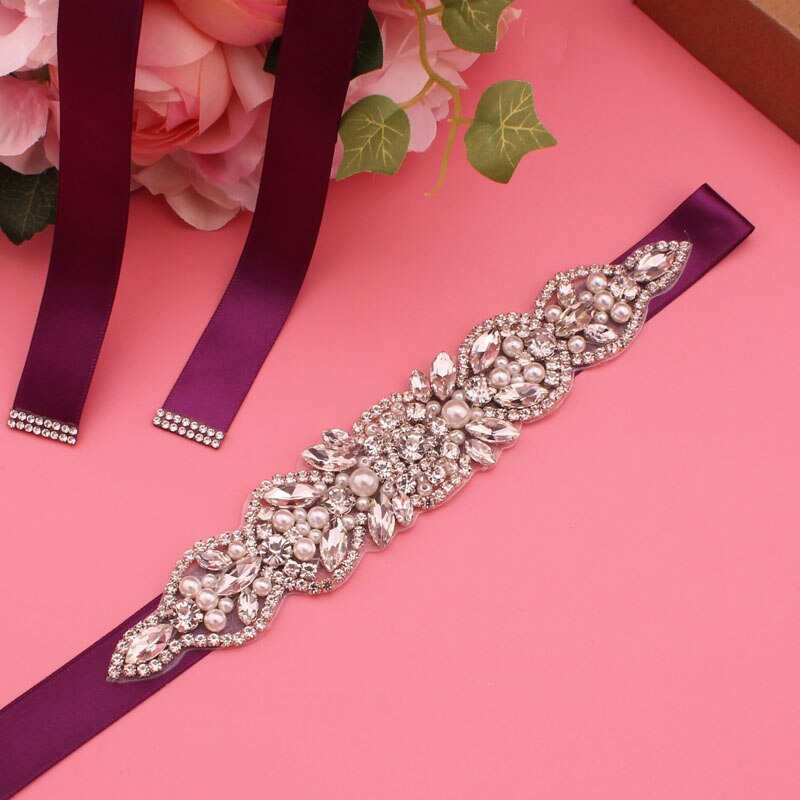 Luxe Bruiloft Riemen Bruids Kralen Riem Strass Sash Trouwjurk Accessoires Zilveren Diamant Bruidsmeisje Riemen: grape purple