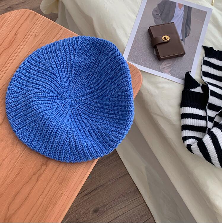 Autumn Winter Soft Knitted French Beret Women Female Solid Korean Knit Warm Berets Version Streetwear Painter Hat: Royal Blue