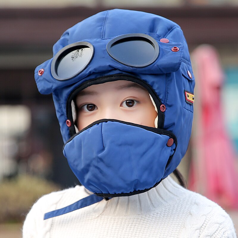 Gorro de aviador con mascarillas para niños y adultos, gorro impermeable de piloto, protección para las orejas, pasamontañas, de invierno,: Blue Children