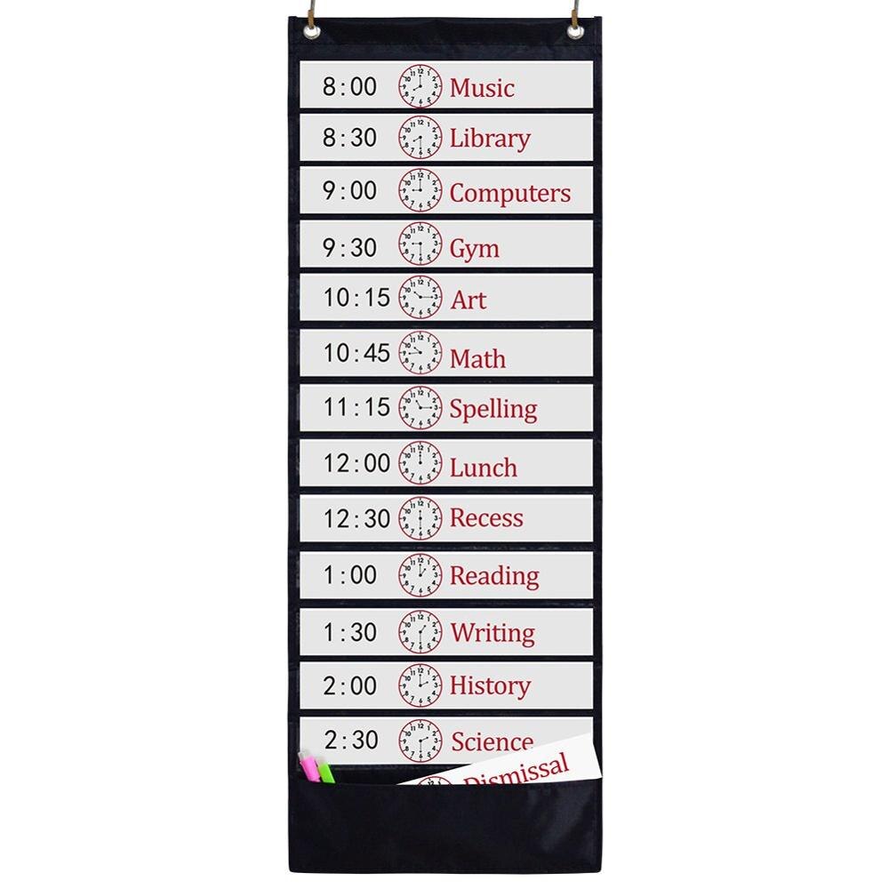 Godery skemalægning lommeskema , 13+1 lommer, dagligt klasseskema lommeskema med 18 tør-viskekort, ideel til klasseværelset: Sort