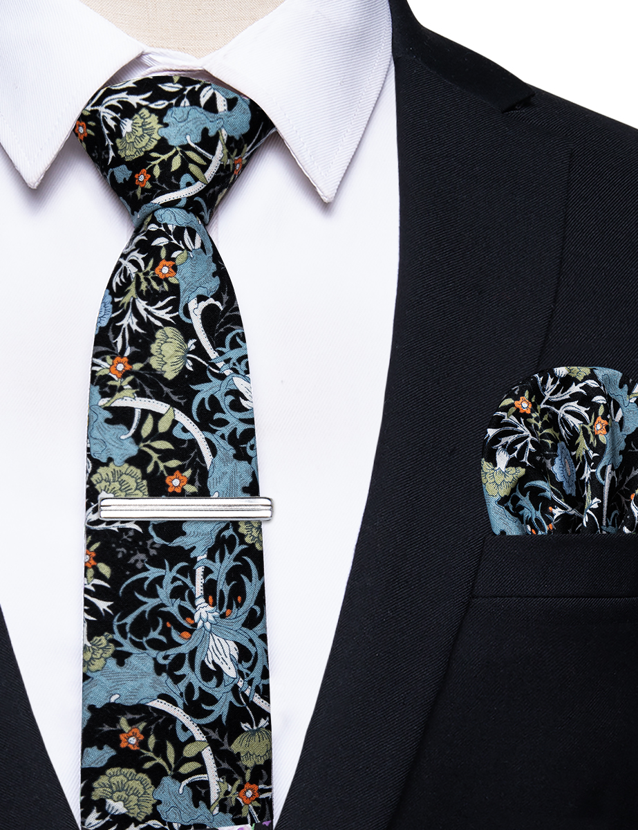 6.5cm uformelle slips med smale, blomstrete slips i bomull, lommetørkleklemmer, sett med herrebånd, fest og bryllupstilbehør: Påfuglblå