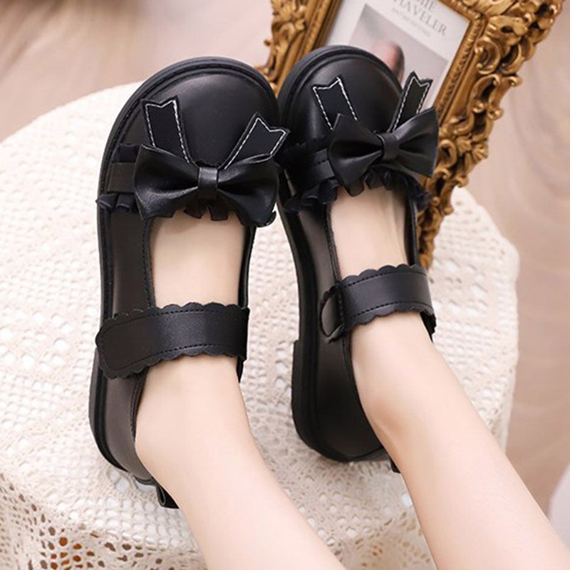 Lolita Schuhe Schmetterling Knoten Maria Janes Schuhe Für mädchen frauen Wohnungen Schwarz retro Flach Leder Schuhe Niedliche Prinzessin Schuhe 8600C