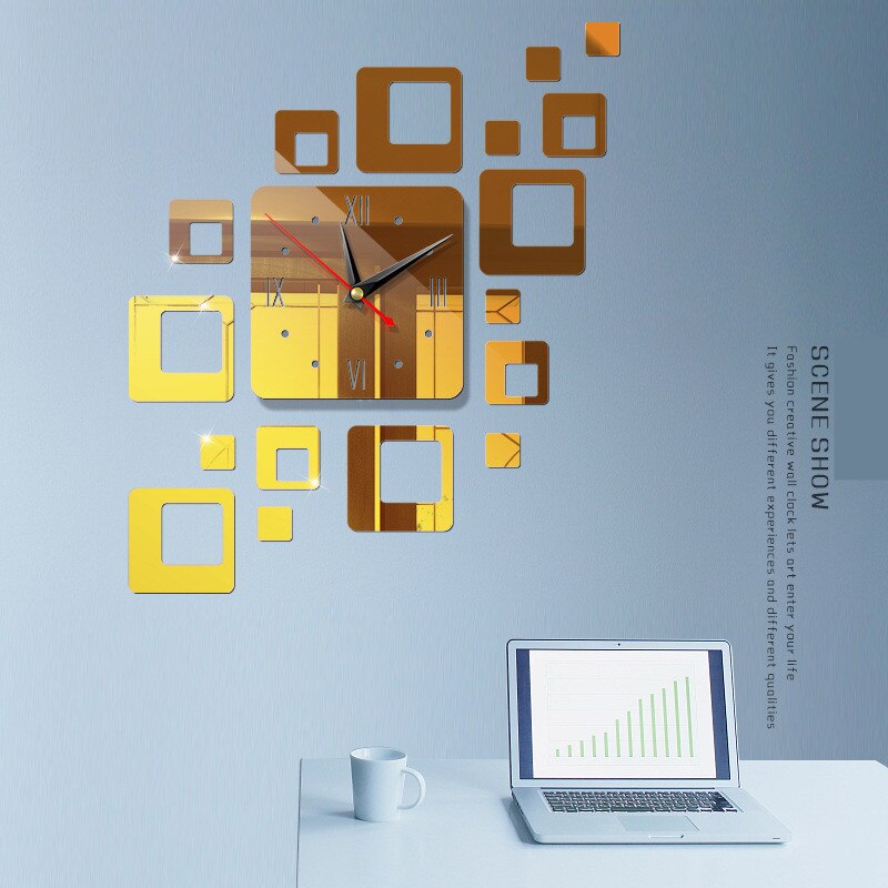 3D Wall Clock Diy Acrylic Mirror Home Decor Living Room Wall Clocks Murale Square Horloge Wall Sticker: shen gold