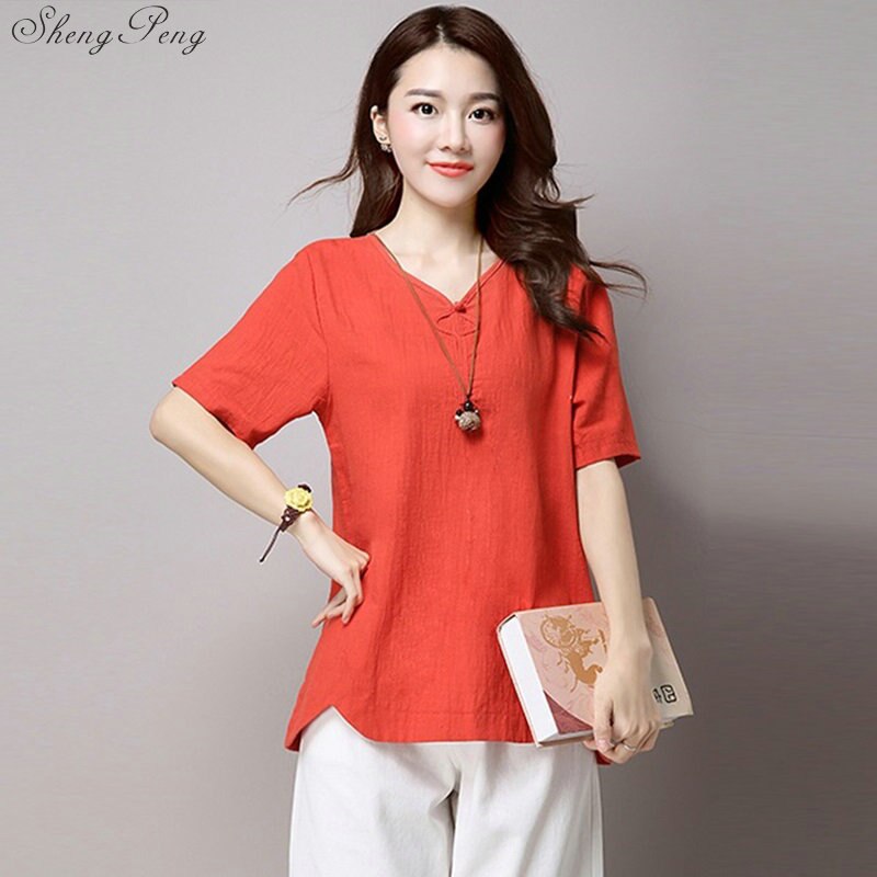 Hauts Cheongsam traditionnels chinois pour femmes, hauts Tang pour filles, Vintage en coton et lin, col en V, chemise Qipao solide V1896