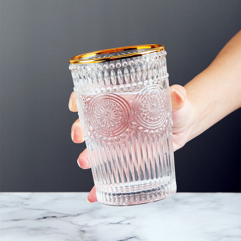 Verre à vin Vintage gaufré Ins nordique 260-380ml, whisky, Vodka, tasse de soleil, sans tige, bouche dorée, glace, Bar à café, verres: 380ml Gilt mouth