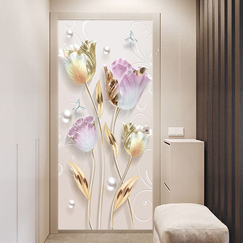 3D Door Sticker Wallpaper Home Decor Floral Mural Wall Decals Kitchen Bedroom Self Adhesive Flower Door Poster Pegatina puerta: Dark Khaki / 85x215cm(cut 2 pcs)
