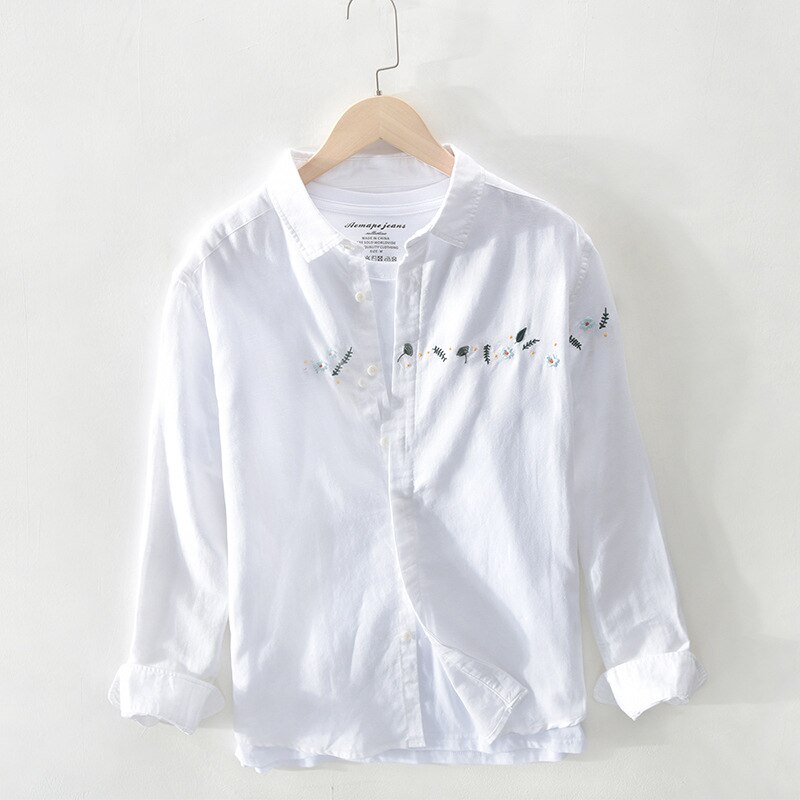 Men Floral Embroidery Japan Fresh Style Slim Shirts Solid Color Lapel Long Sleeve White Blouses Jacquard 100% Nature Linen Tops