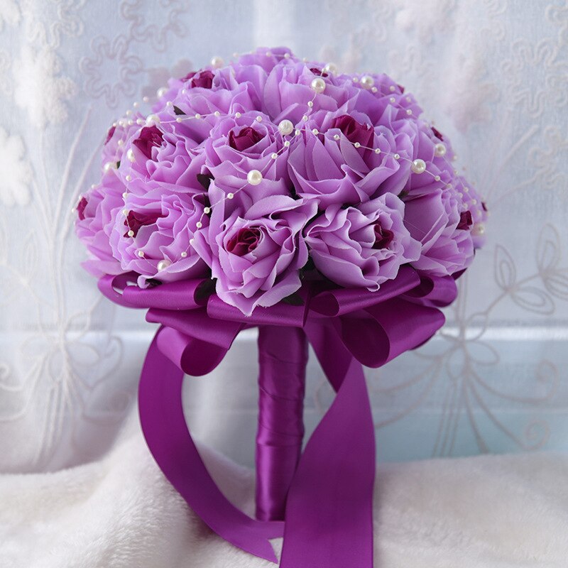 Bruiloft Bruidsboeket Holder Zijde Kunstmatige Rozen Roze Bruidsboeket voor Bruidsmeisjes Mariage Parel Decor Zijde Bloem Boeket: Purple