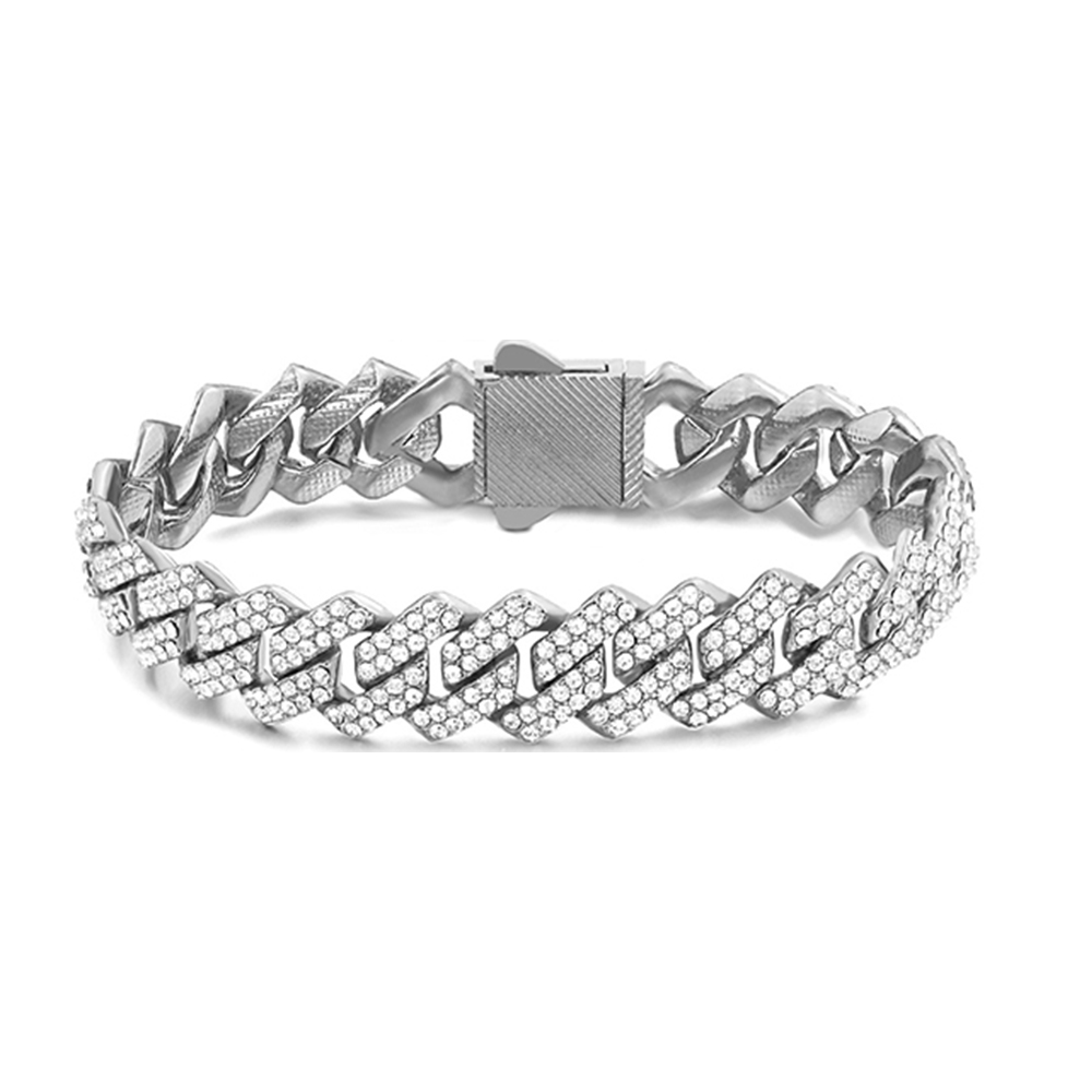 Cadena de tenis con corazón de cristal helado, pulsera de cadena de eslabones cubanos de Miami para mujeres y hombres, pulseras de cadenas gruesas de hip hop, joyería: 16.5 cm / Bañado en rodio de imitación