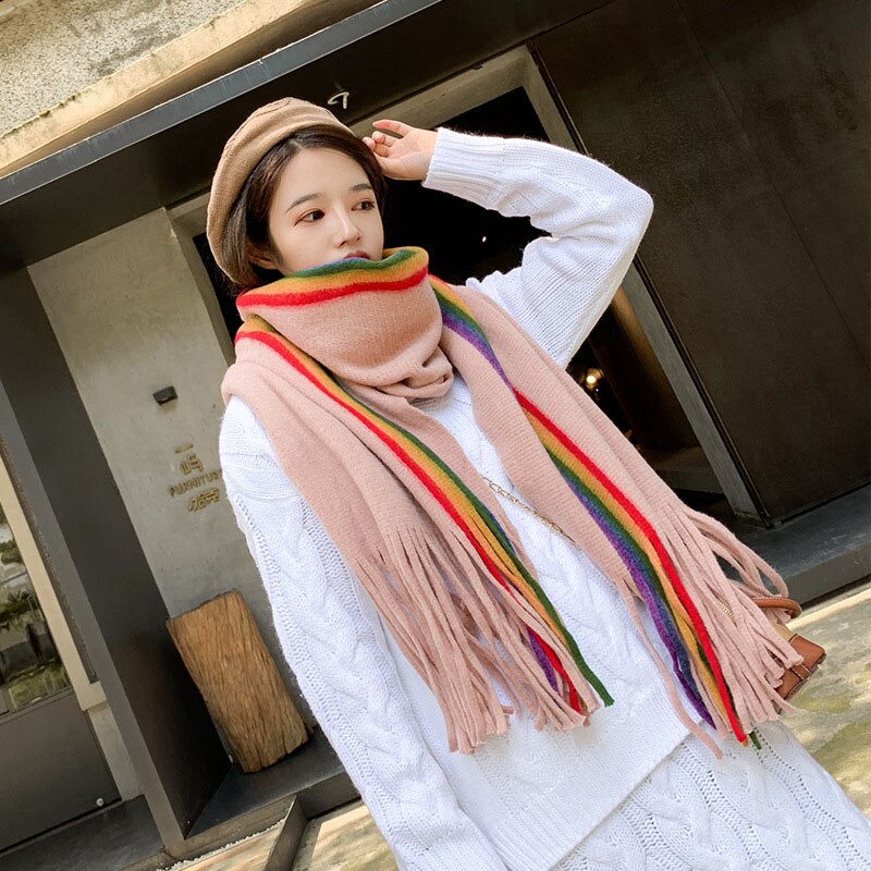 Novo designer arco-íris cachecol de caxemira feminino inverno quente xales pashmina macio listrado senhoras borla longo envoltório