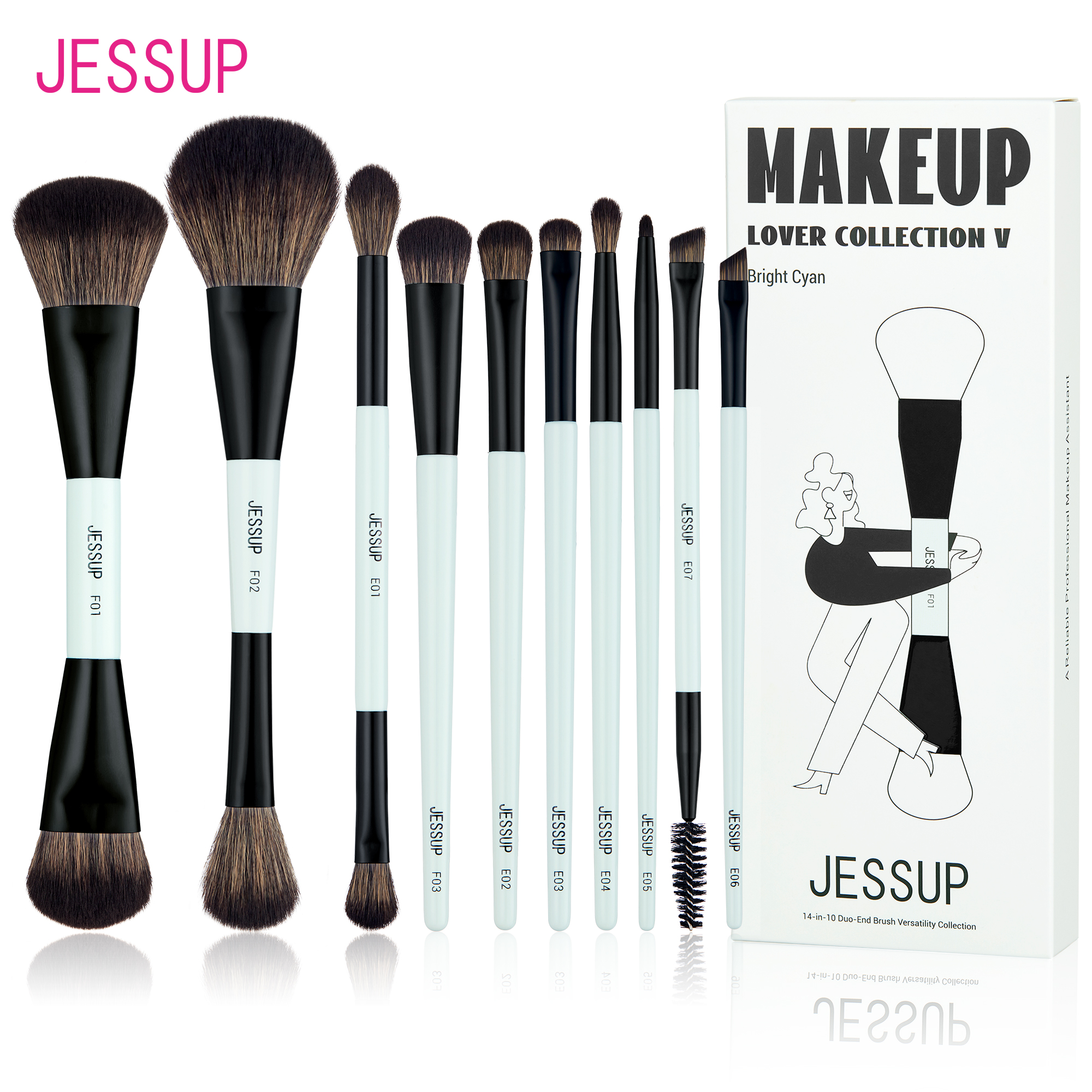 Jessup make-upborstelset met make-upspons, 3/7 stuks dubbelzijdige make-upborstel foundation blush oogschaduw met geschenkdoos: Black