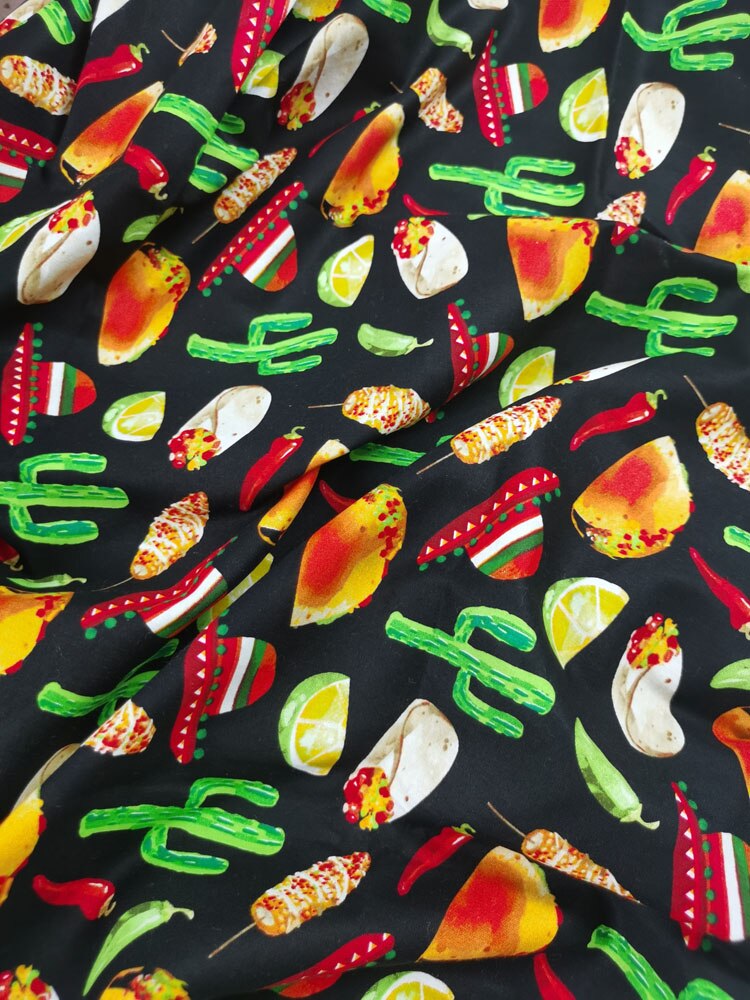 Tela de algodón con estampado espectacular para decoración del hogar, tejido textil colorido con de hamburguesa, perro , postre, limón, pimienta, Cactus, para vestido y ropa
