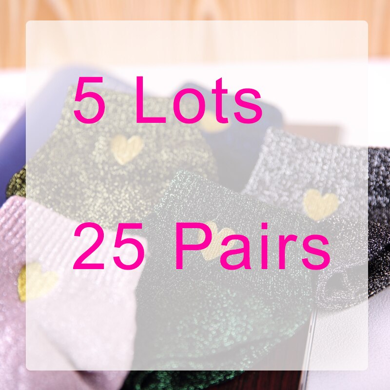 5 paar/partij borduurwerk gouden hart liefde glitter sokken dames modieuze zilveren gouden zijden kleurrijke glanzende sokken: 5 kavels 25 paren