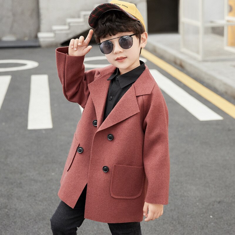 Casacos de inverno meninos sólido duplo breasted menino trench coat lapela outono crianças outerwear casacos de lã casaco para meninos 5 6 8 10 12 anos: Red Wine / 8 T