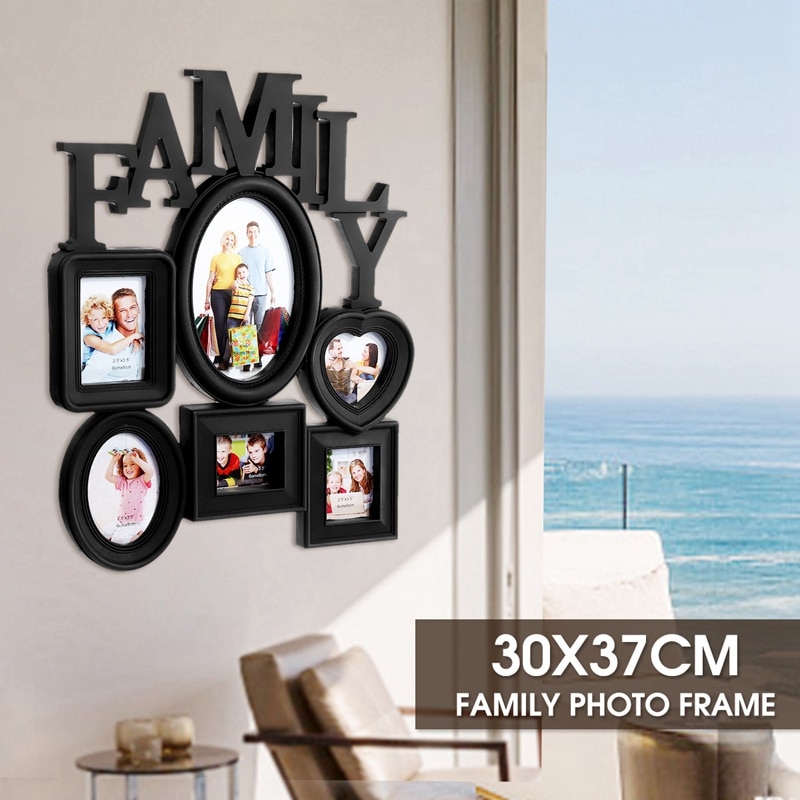 Family Photo Frame Wall Hanging 6 Multi-Sized Pictures Holder Display Home Decor 30X37Cm Back Side with Pull Tabs - Black
