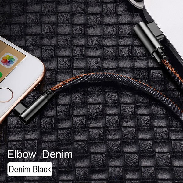 !ACCEZZ 90 Degree Denim USB Charge Cable For iPhone X XS MAX XR 8 7 6 6S 5S Plus Lighting Charging Data Cable For Ipad Mini 1 2M: black / 2m