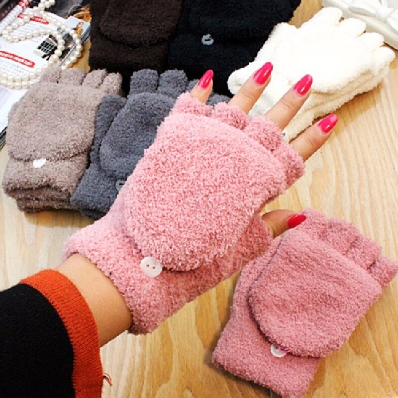 Een Paar Vrouwen Meisjes Herfst Zachte Fleece Handschoenen Voor Dames Winter Warm Flip Cap Wanten Half Vinger Handschoenen Pols Glovers