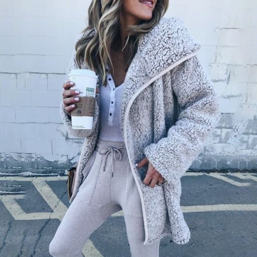 Vinter dame jakker kåpe dame varm genser cardigans dame fleece imitert pels hettegenser yttertøy manteau femme plus str.: Grå / Xl