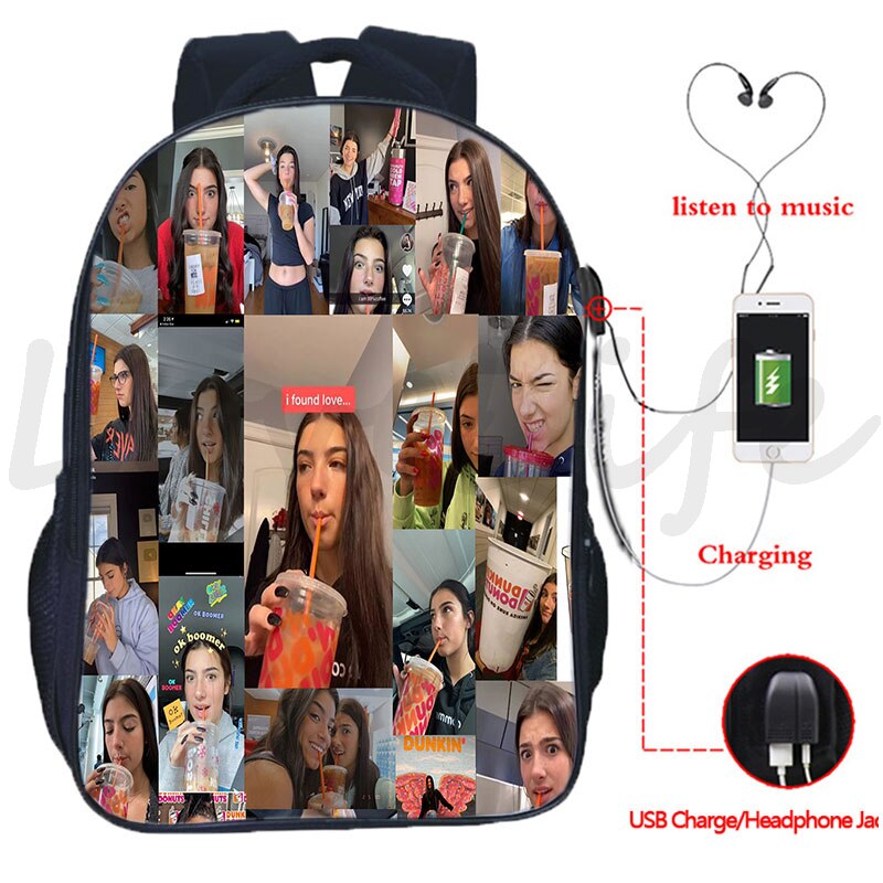 Plecak Charli Damelio plecak USB Design chłopcy dziewczęta torby szkolne mężczyźni kobiety dwuwarstwowy plecak na laptopa plecak podróżny USB: 10