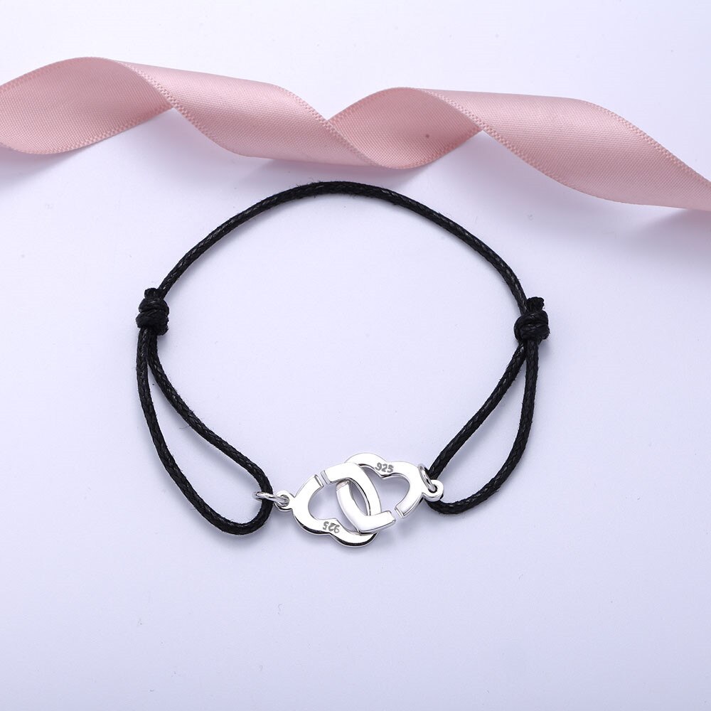 Heart Shaped 925 Prata Duplo Coeurs Moonmory Pulseira Para Mulheres E Homens Com Preto Corda Ajustar Pulseira Atacado