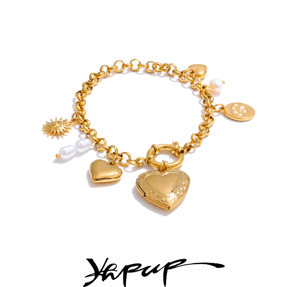 Yhpup 2025 perlas naturales foto familiar imagen corazón encantos gota pulsera de cadena brazalete joyería antialérgica de acero inoxidable