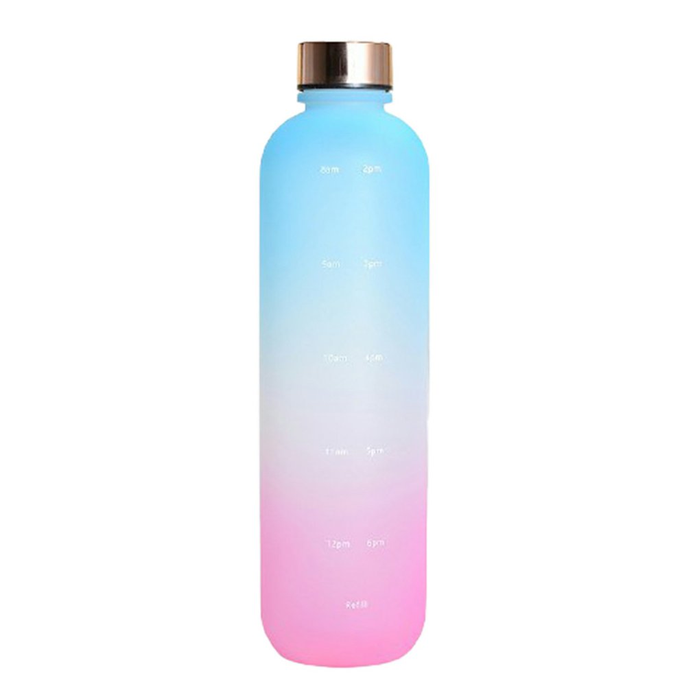 2022 Plastic Space Cup Large-Capacity Transparent Frosted Water Cup Copper Lid Water Bottle With Time Marker 1000ML: Blue Purple