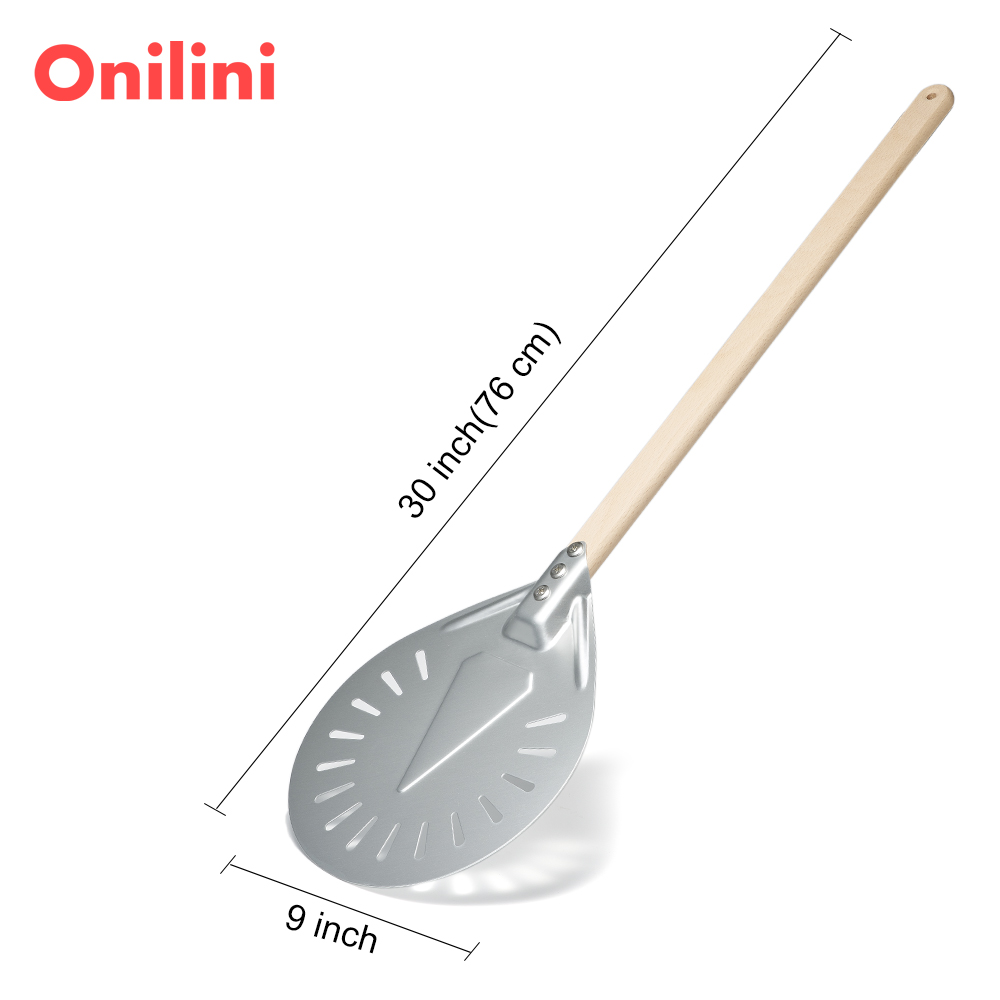 Onilini 7/8/9 inch Perforated Pizza Peel Anodized Wooden Handle Short Pizzas Shovel Pizza Shovel Paddle with Free Spoon: light yellow