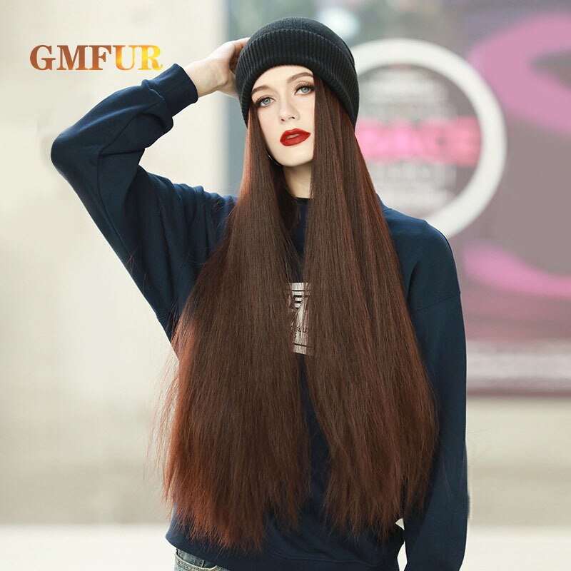 Sombrero con pelucas de pelo para mujer, pelo largo y liso, sintético, cálido y suave, gorro de punto, todo en uno, con sombrero
