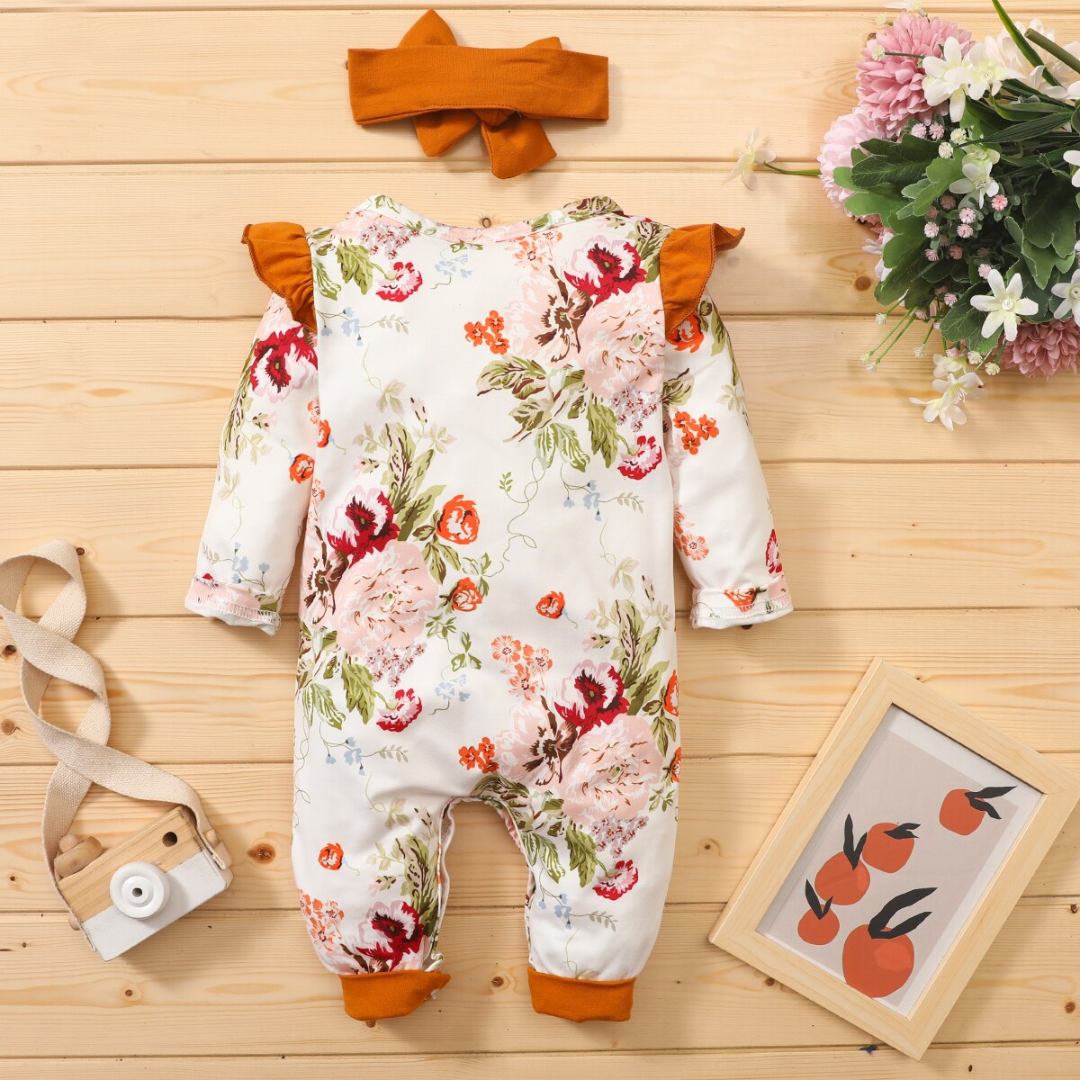 Porte-bébé 2 pièces filles garçons automne barboteuse imprimé fleuri/léopard col rond à volants manches longues combinaison + bandeau nœud