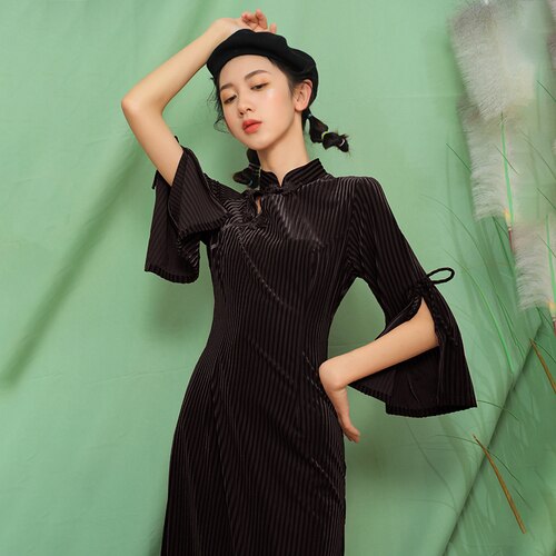 Vestidos de mujer elegantes primavera otoño terciopelo dorado chino nuestro vestido cheongsam mangas acampanadas cheongsam Midi-Vestidos largos: Black / L
