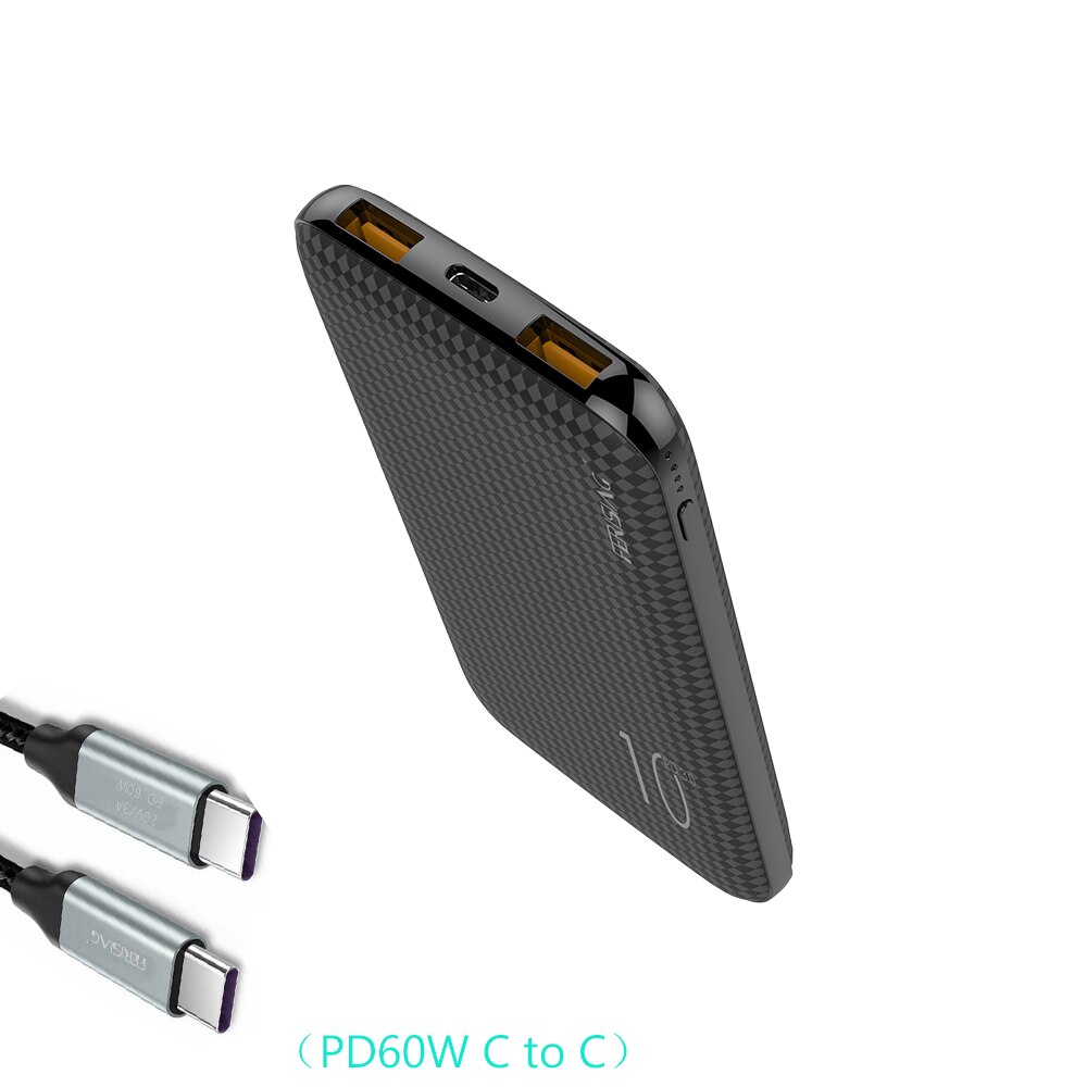 Powerbank pd com duas entradas usb + tipo c, carregador portátil para bateria externa qc 10000 4.0 mah para xiaomi: Black(C TO C Cable)