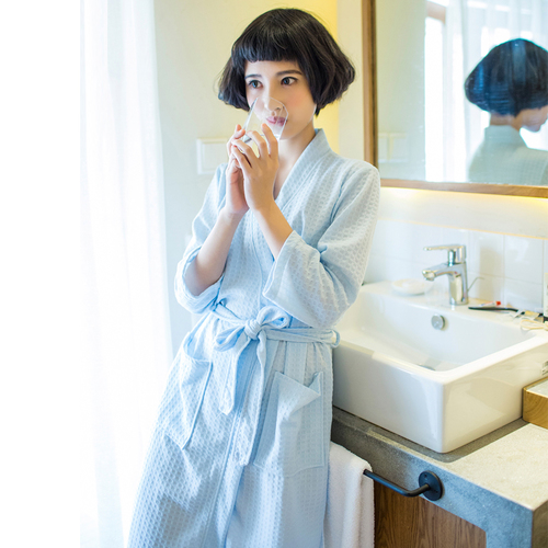 Zomer Katoenen Handdoek Badjas Kamerjas Unisex Mannen Vrouwen Wafel Slaap Lounge Badjas Peignoir Nachthemden Liefhebbers Gewaden: S/M / Donkergrijs