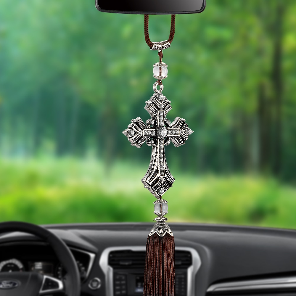 Metal og krystal diamant kryds jesus kristen bil bakspejl bil vedhæng hængende bil tilbehør bil dekoration
