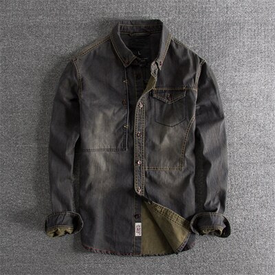 Camisa vaquera Retro de Harajuku japonés para hombres, ropa de calle informal Vintage desgastada con botones, camisas de manga larga: Version 2 / L