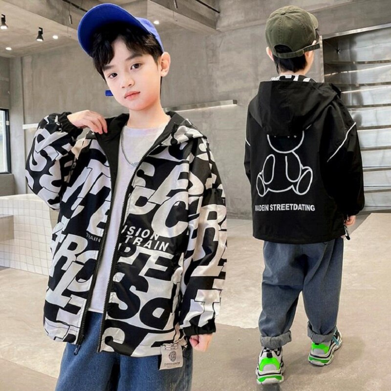 Frühling 4-15Y Kinder Outwear Tragen Beide Seiten Jacke Für Jungen Casual Cartoon Camouflage Winddicht Jungen Mantel Kinder Tops Kleidung: Black / 4T