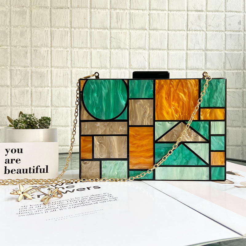 Brand Acrylic Patchwork Evening Bags Vintage Women Messenger Bags Geometric Pattern Clutches Party Prom Handbags Purses: Green Metal Chian