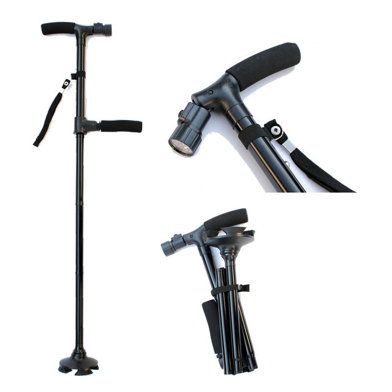 Outdoor T-handle 4 Folding Crutch 360 Degree Hiking Trekking Pole Cane Stable plate Walking Stick for old people: 2 Foam handle