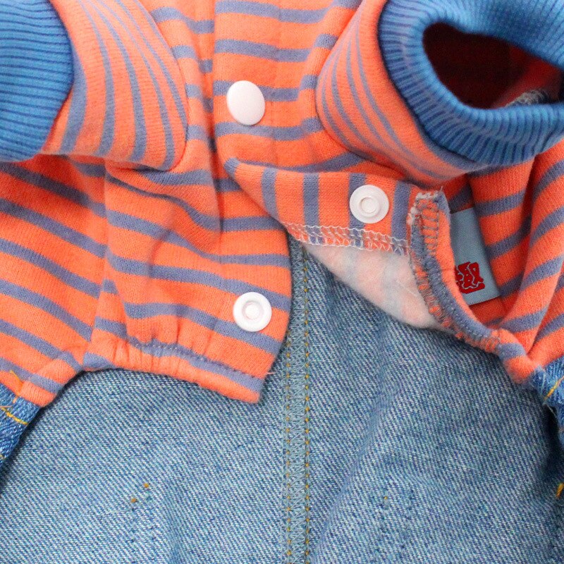 Høst og vinter nyeste stil hundeklær stripete fleece denim overalls dobbeltlags firbens tykk hunde-overall overall