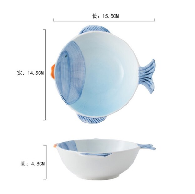 Cuencos y platos de cerámica con forma de pez, pintados a mano y esmaltados con dibujos animados, cuencos y platos para el hogar de un solo color.: Azul pequeño