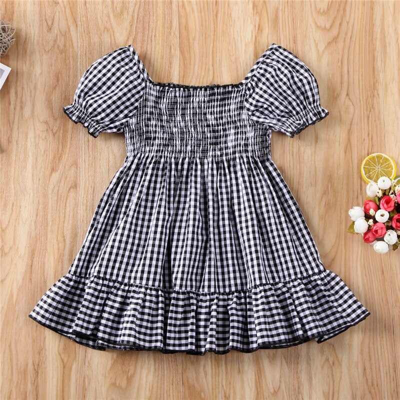 1-5T Toddler Kids Baby Girls Clotehs gingham Check Plaid Short Sleeve Summer Ruffle Dress cute sweet Lovely Outfit