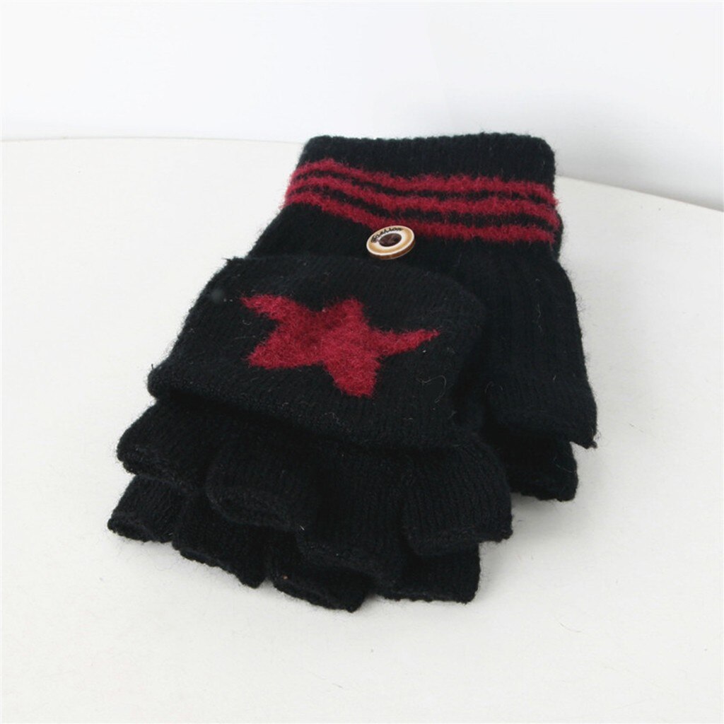 ARLONEET Kid Girls Boys Winter Knit Thicken Gloves Convertible Flip Top Fingerless mittens Stitching warm Gloves CO22: BK
