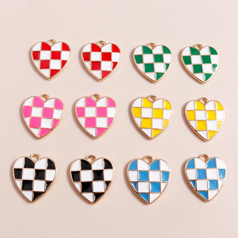 10Pcs Enamel Kleurrijke Plaid Dambord Harten Bedels Voor Diy Sieraden Maken Hangers Sleutelhanger Oorbellen Accessoires: mix colors