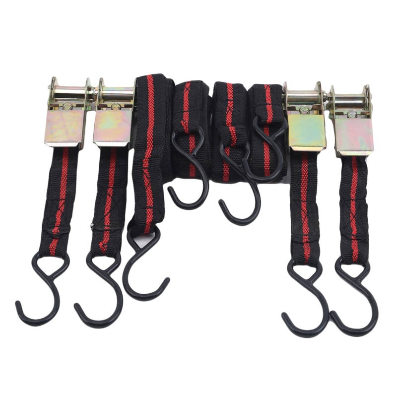 4 Stuks J-Haken Ratchet Tie Down Bandjes Met Dubbele Haak Auto Bagage Cargo Truck Polyster Tape Auto Bundeling riemspanning Touw: Black Red