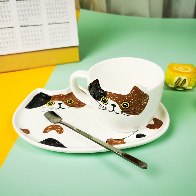 Keramische Kopje Koffie Sets Cartoon Kat Patroon Kopje Thee Dessertbord Outfit Leuke Koffie Kop En Schotel Set Geven weg Lepel: Brown cat