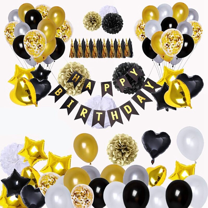 90 stk dekorationssæt med sorte og guldballoner, tillykke med fødselsdagen banner stjerne hjertefolieballoner til fødselsdagsfest: Default Title
