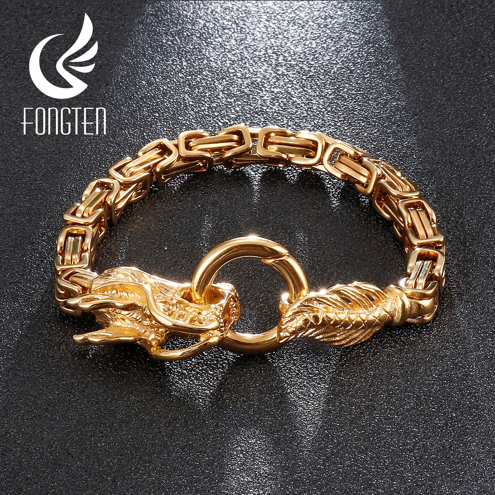 Fongten Drachen Punk Wikinger Schwarz Gold Silber Farbe Edelstahl Kasten Verknüpfung Kette Männer Armbinde Schmuck