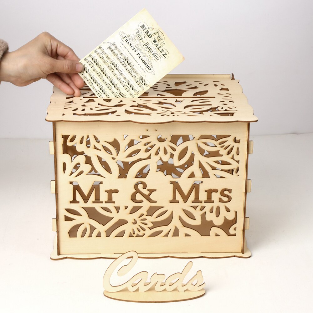 Diy træ bryllupskort med låsekort tegn rustik hul kortholder reception bryllupsdag fest dekoration