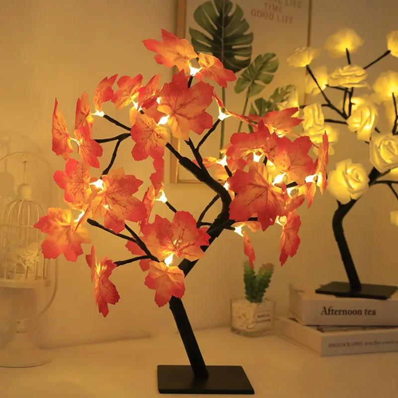 24 LED hoja de arce Hada luz flor árbol lámpara de mesa Rosa luz de noche USB operado para boda decoración de Halloween